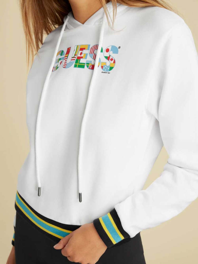 White Women's GUESS Summer Games Logo Hoodies | USA61IPBLC