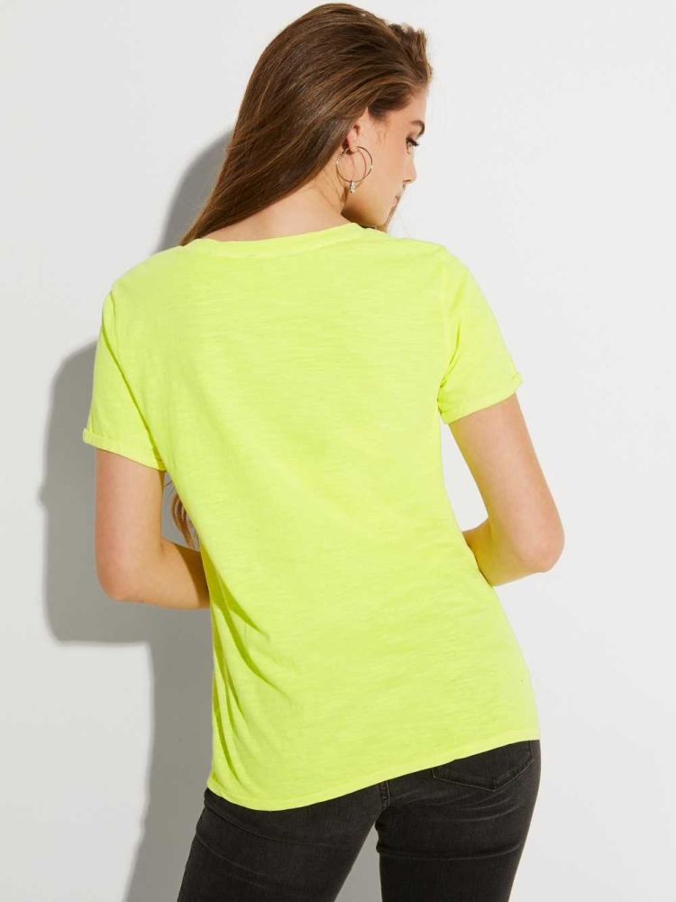 Yellow Multicolor Women's GUESS Eco 1981 Rolled Cuff Logo T-Shirts | USA38LFTIE